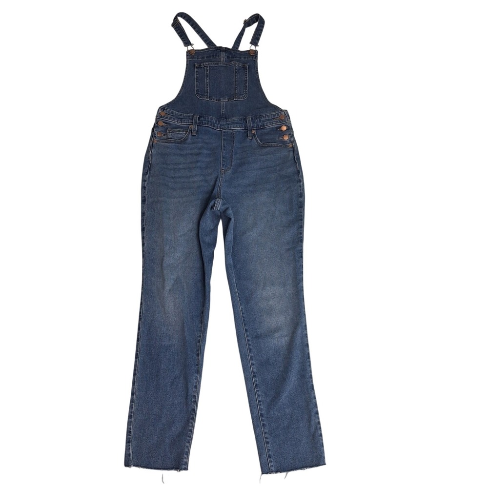 Universal Thread‎ Stretch Denim Overalls Medium Wash Raw Hem Slim Leg Size 6/28R